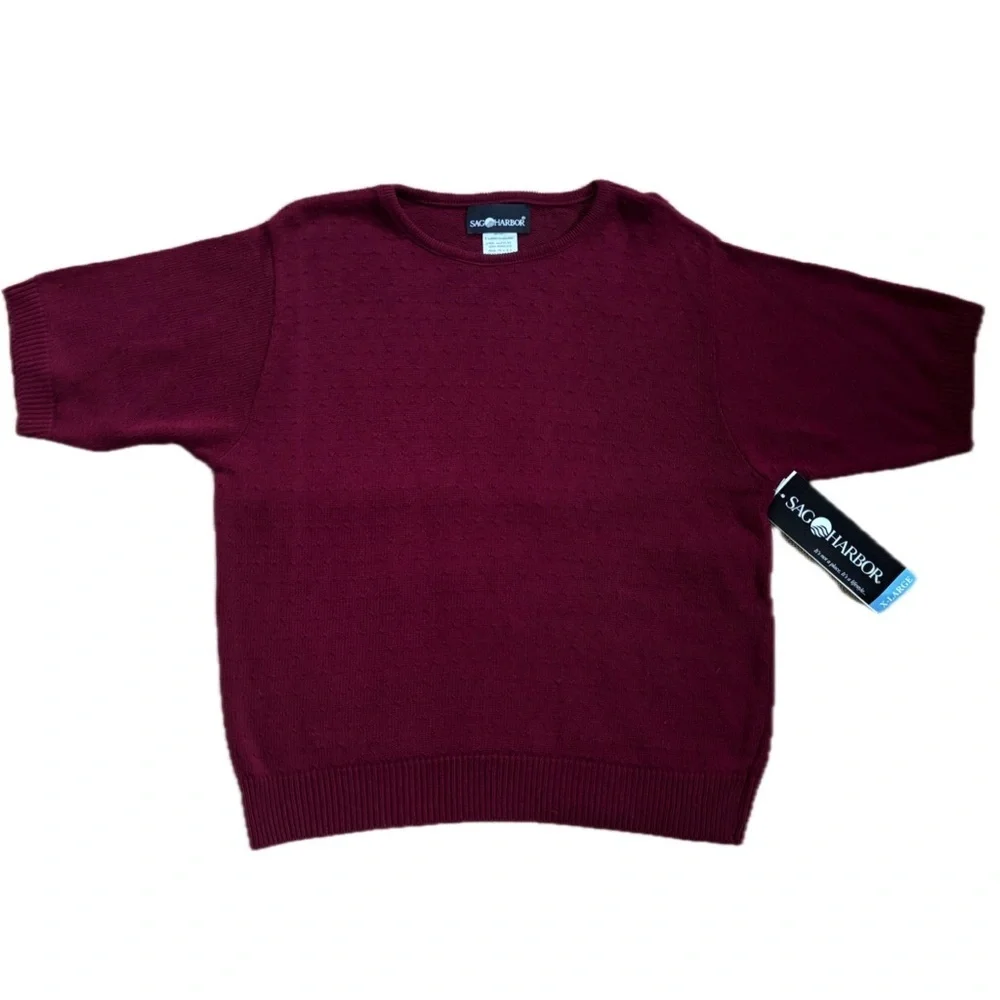 Vintage Deep Red Dainty Pattern Short Sleeve Sweater Size XL Nordic Lagenlook